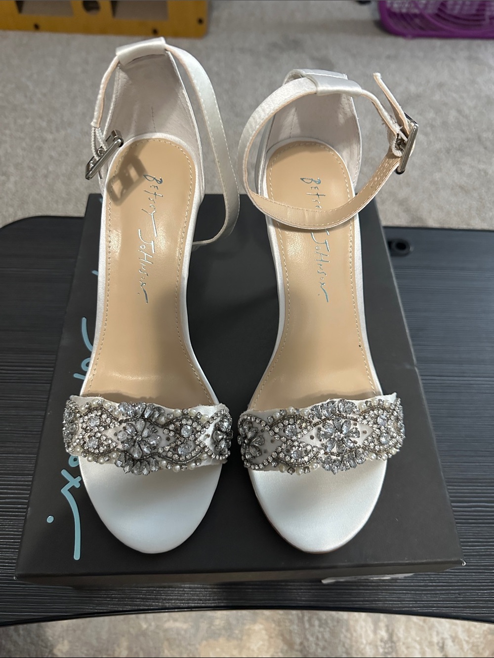 Betsey Johnson White Crystal Embellished Ankle-Strap Heels